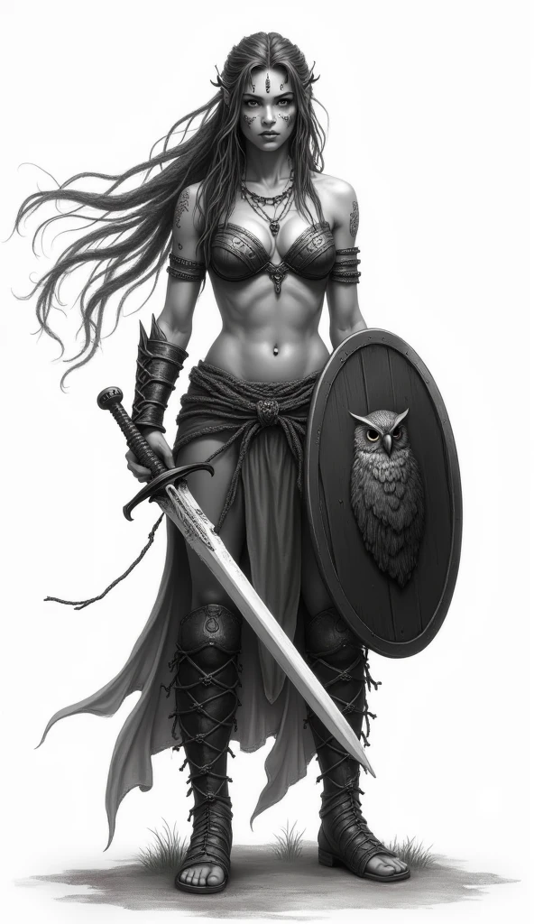 Watercolor of A naked woman standing on a rocky surface, holding a sword in her hand. She appears to be a warrior or a warrior princess, ready to defend herself. The woman is surrounded by a flock of birds flying in the sky, adding a sense of motion and liveliness to the scene. The birds are scattered throughout the image, with some closer to the woman and others further away, creating a dynamic and engaging composition.