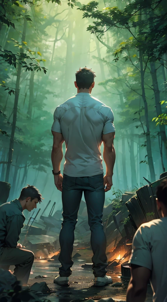 Backlight，muscle，strong，A man&#39;s back stands among the crowd，（The four people bowed their heads and knelt on one knee to salute him.：1.5），The background is in the forest，Wearing modern clothes, And soft colors in a circle in the forest. Create a surreal fantasy atmosphere.，momentum，Hot Blood，Marching through the burning forest。Backlight，