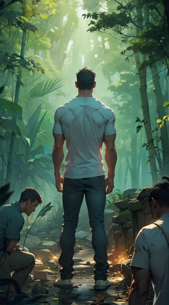 Backlight，muscle，strong，A man&#39;s back stands among the crowd，（The four people bowed their heads and knelt on one knee to salute him.：1.5），The background is in the forest，Wearing modern clothes, And soft colors in a circle in the forest. Create a surreal fantasy atmosphere.，momentum，Hot Blood，Marching through the burning forest。Backlight，