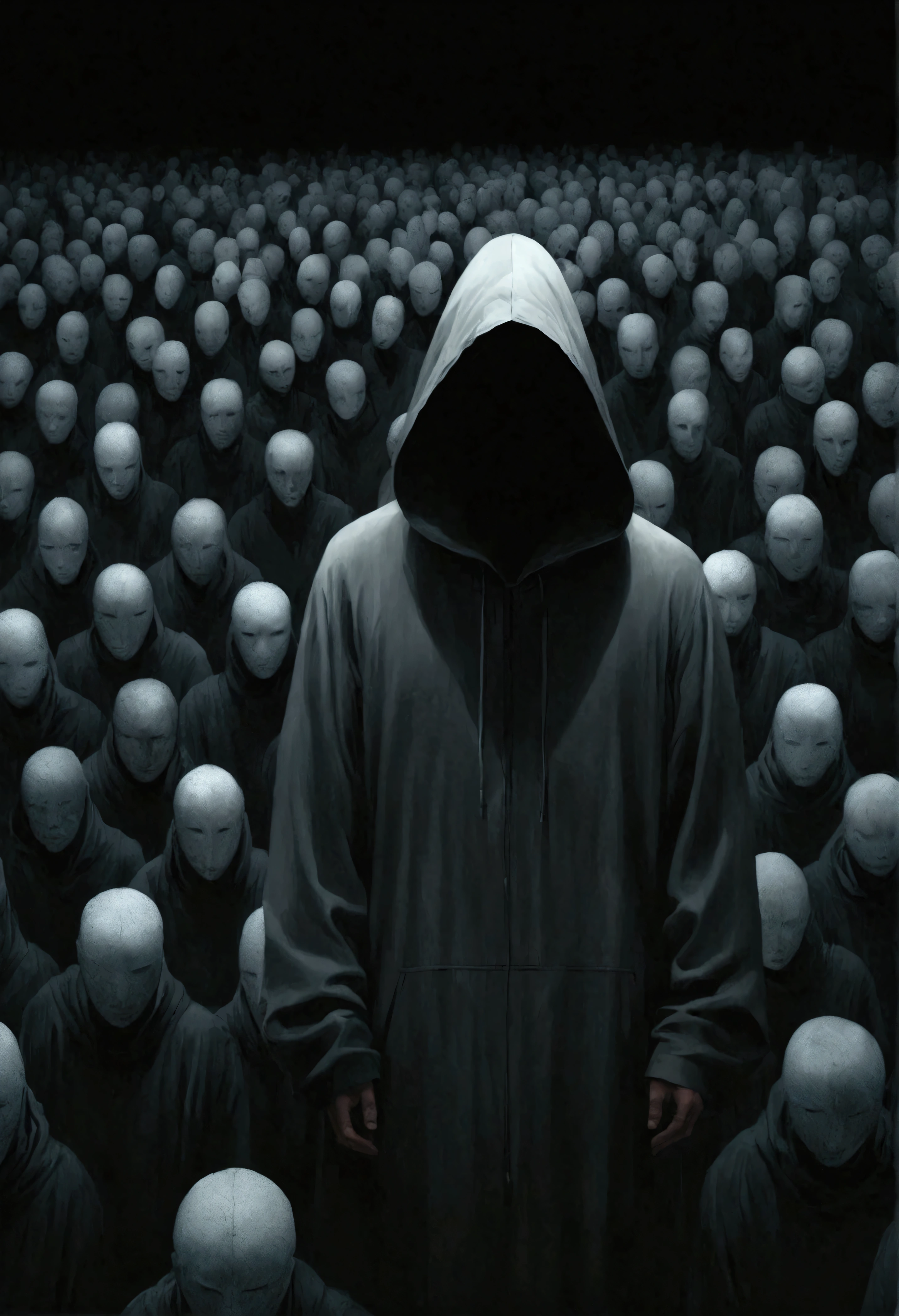 A man stood in front of a group of people, The art of math by jeonseok lee, unsplash contest winner, The art of math, Faceless Man像, Faceless Man, Alessio Albi, Abstract Surrealism, Faceless Man dark, Unsettling horror limbo, Fractal human body outline, Hooded figure surrealism, Lost in the void