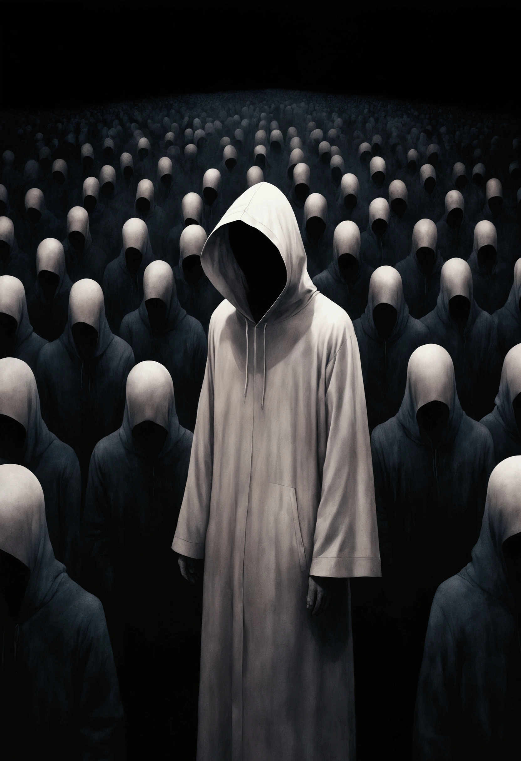 A man stood in front of a group of people, The art of math by jeonseok lee, unsplash contest winner, The art of math, Faceless Man像, Faceless Man, Alessio Albi, Abstract Surrealism, Faceless Man dark, Unsettling horror limbo, Fractal human body outline, Hooded figure surrealism, Lost in the void