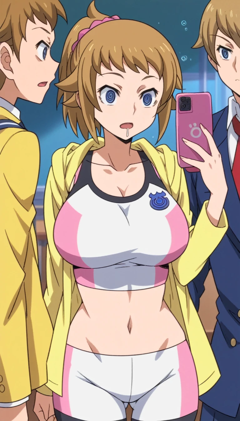 Score 9, Score 8 up, Score 7 up, The evaluation is questionable,
Detailed Background, Glowing Skin,fumina hoshino, hoshino fumina, Blue eyes, brown hair, ponytail, scrunchie,
navel, jacket, bike shorts, sports bra, yellow jacket, hoodie, collarbone, long sleeves, white sports bra, white bike shorts, pink sports bra, pink bike shorts,Big Breasts,hypnosis, man, show smart phone apps to girl, girl under hypnosis, drool, open regs, under wear, best quality, very aesthetic, school uniform, school,school uniform,standing,,large breasts,short of a person,whole body,thin,From before,evening,in the classroom,anime style,high quality,masterpiece,highly detailed