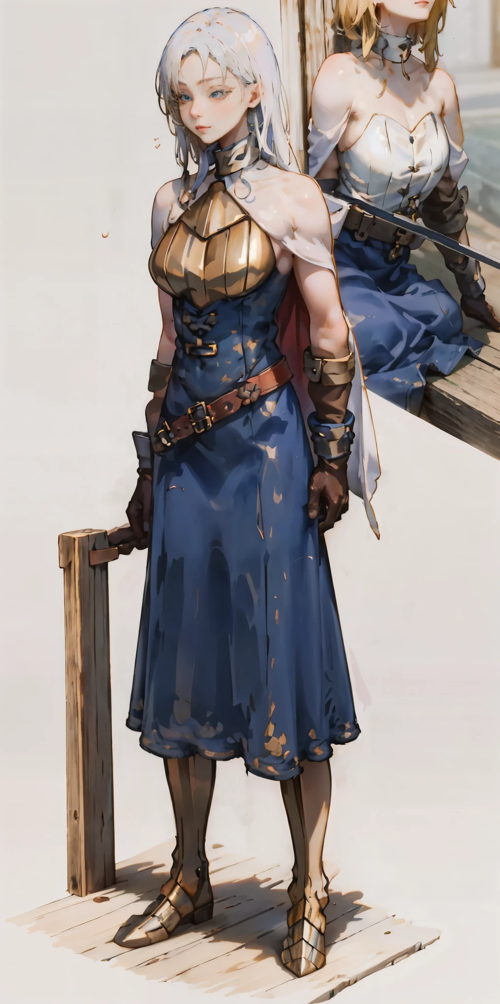 (masterpiece, best quality), 1girl, KnightFFT, long hair, blonde hair, blue eyes, cape, armor, blue dress, belt, gloves, boots, iron collar, arms behind back, iron cuffs, shackles, bound ((standing by wooden pole:1.2)) looking from above happy closed mouth