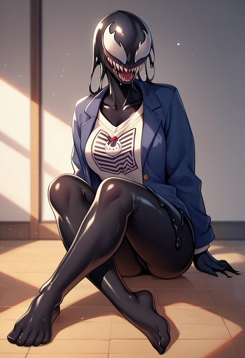 a sexy female symbiote Venom alien,black goo skin,cute,thick,Japanese student uniform,shy teen student,full body,kawai posture,classroom background, vibrant morning colors,cartoonish,kind, 8k