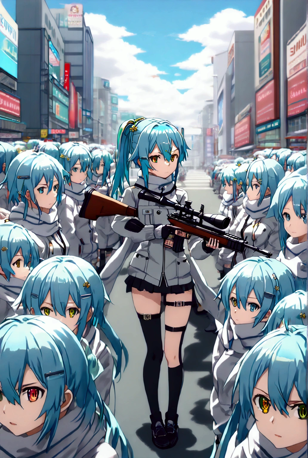 ((((((sinon, anime style, scarf, Fingerless gloves,thin, pale blue hair, hair adornments, hair clips, Thigh strap, Cowboy Shooting, Have a gun, Sniper rifle))))))(((An infinite number of girls with the same face and the same figure))) (((cloned face)))
(((similar identical twins)))(((At the Shibuya crossing, their bodies fill the space against the backdrop of tall buildings and advertisements. In the distance, only her distinctive hair is visible.)))
(((All the girls have the exact same face and nakid))), The girls have the same face and figure, as if they were mirror images.