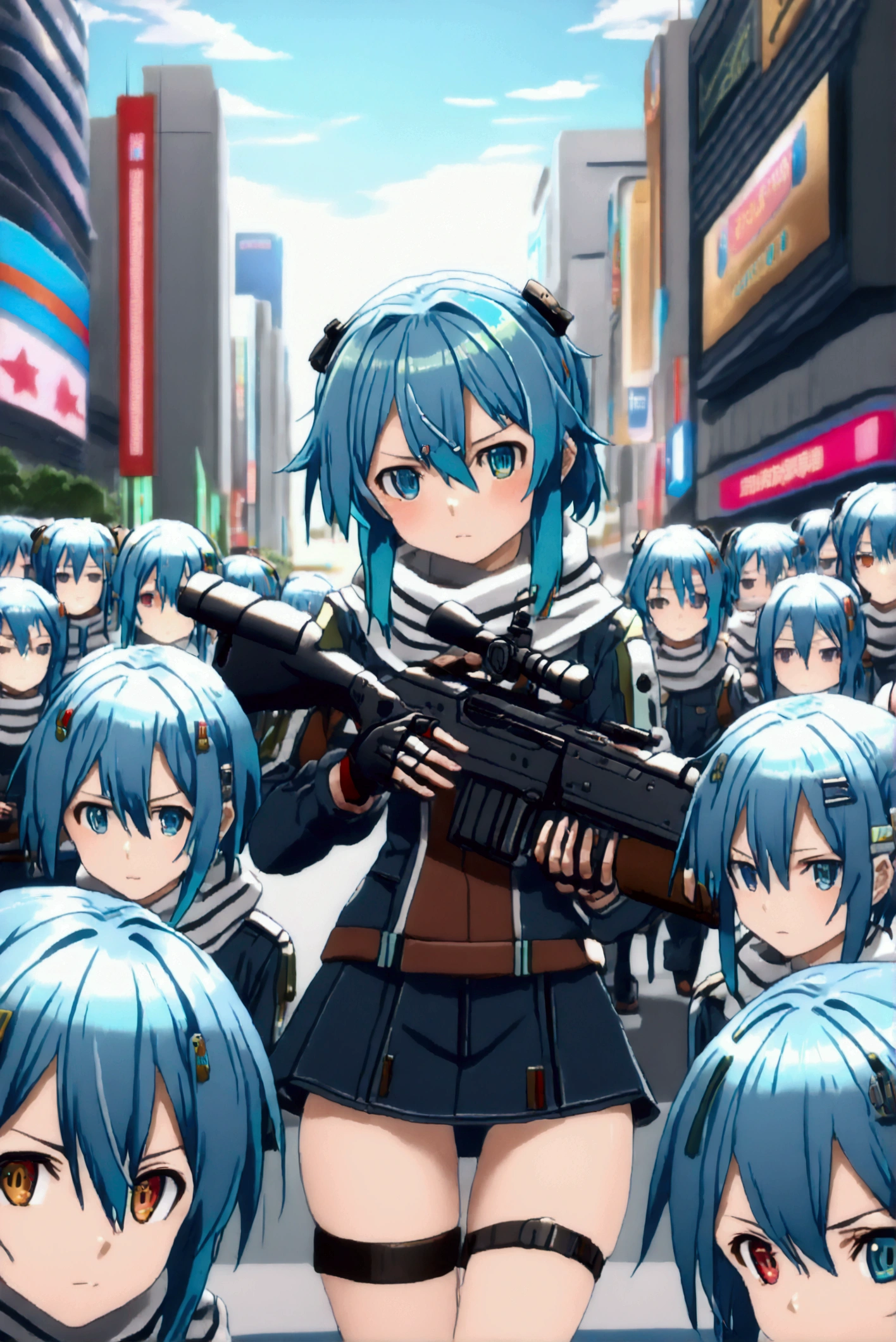 ((((((sinon, anime style, scarf, Fingerless gloves,thin, pale blue hair, hair adornments, hair clips, Thigh strap, Cowboy Shooting, Have a gun, Sniper rifle))))))(((An infinite number of girls with the same face and the same figure))) (((cloned face)))
(((similar identical twins)))(((At the Shibuya crossing, their bodies fill the space against the backdrop of tall buildings and advertisements. In the distance, only her distinctive hair is visible.)))
(((All the girls have the exact same face and nakid))), The girls have the same face and figure, as if they were mirror images.