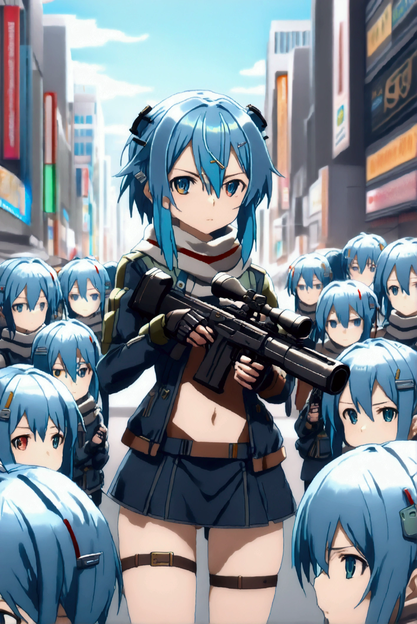 ((((((sinon, anime style, scarf, Fingerless gloves,thin, pale blue hair, hair adornments, hair clips, Thigh strap, Cowboy Shooting, Have a gun, Sniper rifle))))))(((An infinite number of girls with the same face and the same figure))) (((cloned face)))
(((similar identical twins)))(((At the Shibuya crossing, their bodies fill the space against the backdrop of tall buildings and advertisements. In the distance, only her distinctive hair is visible.)))
(((All the girls have the exact same face and nakid))), The girls have the same face and figure, as if they were mirror images.