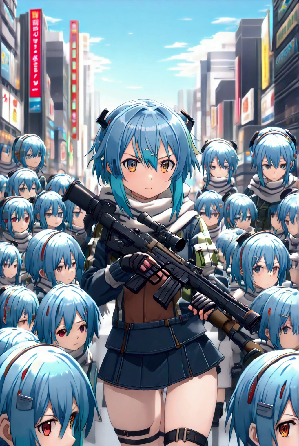 ((((((sinon, anime style, scarf, Fingerless gloves,thin, pale blue hair, hair adornments, hair clips, Thigh strap, Cowboy Shooting, Have a gun, Sniper rifle))))))(((An infinite number of girls with the same face and the same figure))) (((cloned face)))
(((similar identical twins)))(((At the Shibuya crossing, their bodies fill the space against the backdrop of tall buildings and advertisements. In the distance, only her distinctive hair is visible.)))
(((All the girls have the exact same face and nakid))), The girls have the same face and figure, as if they were mirror images.