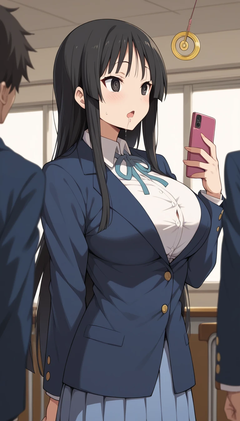 Score 9, Score 8 up, Score 7 up, The evaluation is questionable,
Detailed Background, Glowing Skin,Mio Akiyama, long hair, bangs, black hair, black eyes, Hime cut,
sakuragaoka high school uniform, school uniform, uniform, blazer, shirt, white shirt, collared shirt, skirt, pleated skirt,Big Breasts,hypnosis, man, show smart phone apps to girl, girl under hypnosis, drool, open regs, under wear, best quality, very aesthetic, school uniform, school,school uniform,standing,,large breasts,short of a person,whole body,thin,From before,evening,in the classroom,anime style,high quality,masterpiece,highly detailed