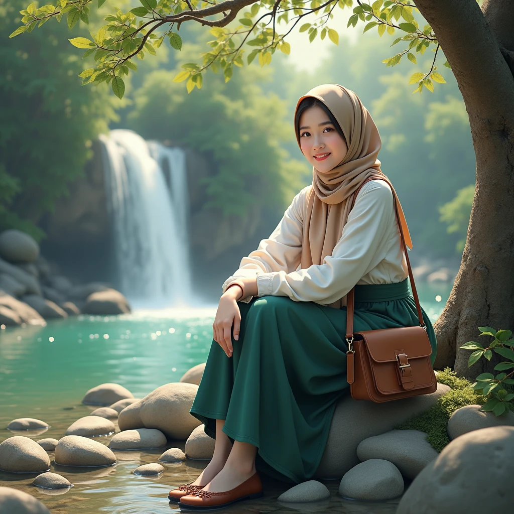 beautiful Korean girl, smooth white skin, well-groomed face, brown hijab, light brown knitted clothes, white shoes and bag, blue jeans, sitting beside a small rocky river, sitting on a tree, behind there is a waterfall and beautiful trees, smile facing the camera, full body, super detailed, original photo, realistic,
