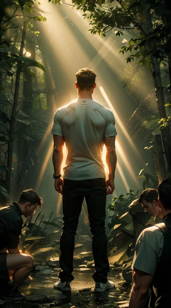 Backlight，muscle，strong，A man&#39;s back stands among the crowd，（The four people bowed their heads and knelt on one knee to salute him.：1.5），The background is in the forest，Wearing modern clothes, And soft colors in a circle in the forest. Create a surreal fantasy atmosphere.，momentum，Hot Blood，Marching through the burning forest。Backlight，