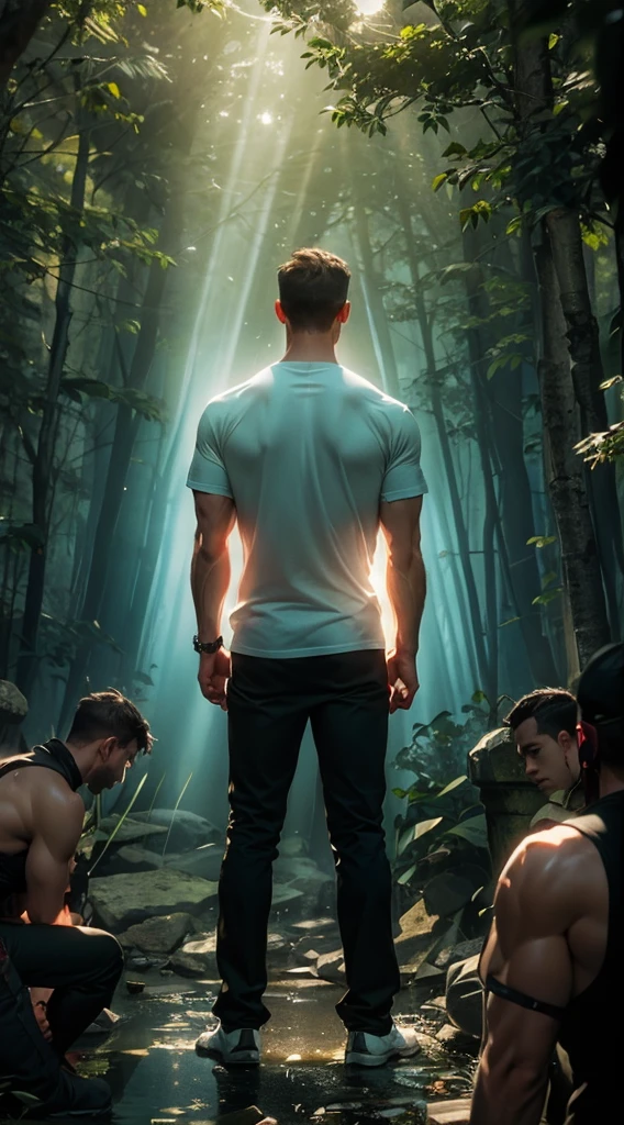 Backlight，muscle，strong，A man&#39;s back stands among the crowd，（The four people bowed their heads and knelt on one knee to salute him.：1.5），The background is in the forest，Wearing modern clothes, And soft colors in a circle in the forest. Create a surreal fantasy atmosphere.，momentum，Hot Blood，Marching through the burning forest。Backlight，