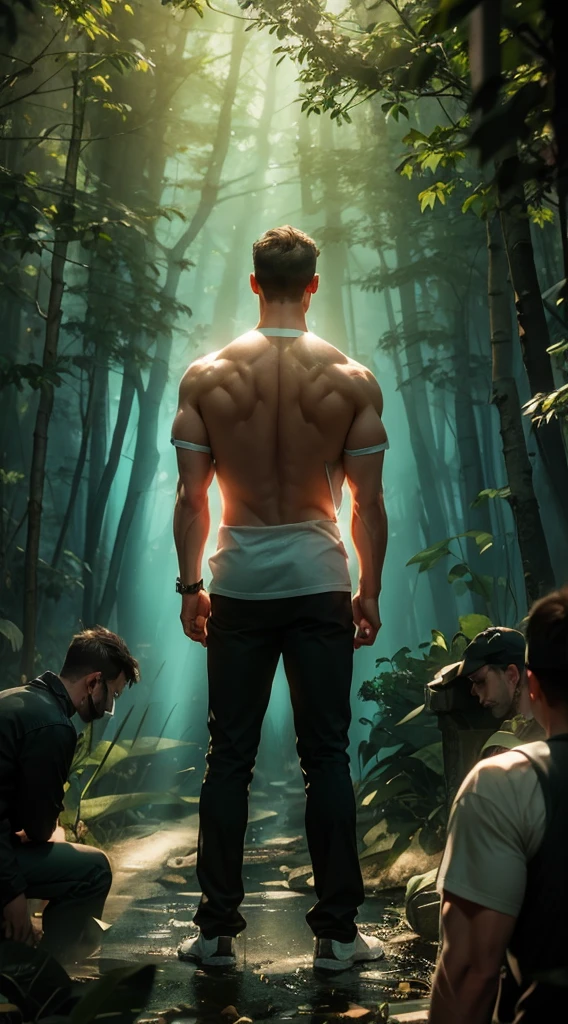 Backlight，muscle，strong，A man&#39;s back stands among the crowd，（The four people bowed their heads and knelt on one knee to salute him.：1.5），The background is in the forest，Wearing modern clothes, And soft colors in a circle in the forest. Create a surreal fantasy atmosphere.，momentum，Hot Blood，Marching through the burning forest。Backlight，