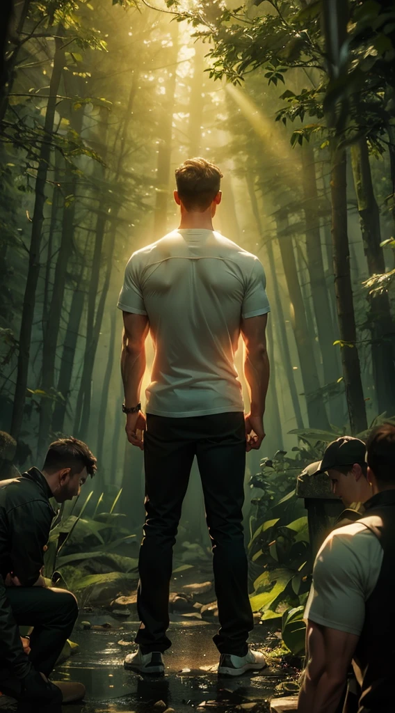 Backlight，muscle，strong，A man&#39;s back stands among the crowd，（The four people bowed their heads and knelt on one knee to salute him.：1.5），The background is in the forest，Wearing modern clothes, And soft colors in a circle in the forest. Create a surreal fantasy atmosphere.，momentum，Hot Blood，Marching through the burning forest。Backlight，