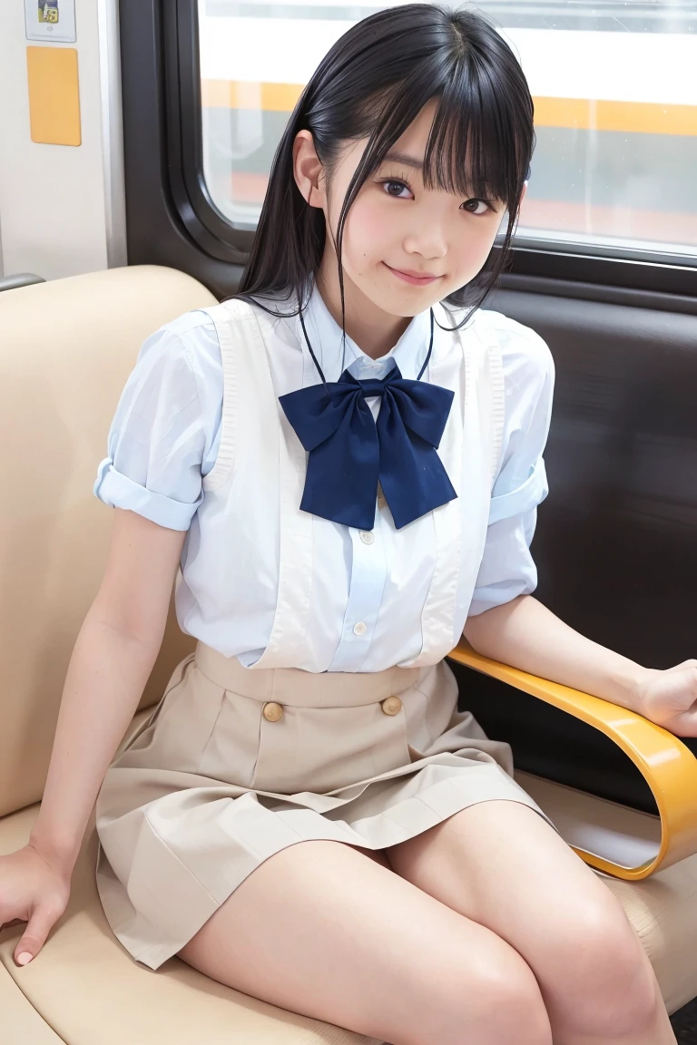 smile,one japanese woman,(masterpiece, Highest quality, 8K, RAW Photos, beautifully、aesthetic:1.2),  Intricate details, indirect lighting, Realistic,
whole body, Sitting on a chair on the train、Staring at the viewers、Voyeur、
 Square neck button-down linen sundress, 
 Training women , Chair to sit under skirt, skirt rift