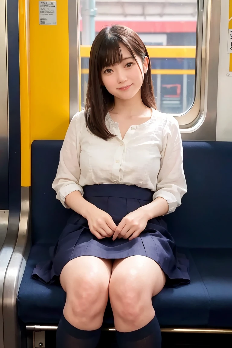 smile,one japanese woman,(masterpiece, Highest quality, 8K, RAW Photos, beautifully、aesthetic:1.2),  Intricate details, indirect lighting, Realistic,
whole body, Sitting on a chair on the train、Staring at the viewers、Voyeur、
 Square neck button-down linen sundress, 
 Training women , Chair to sit under skirt, skirt rift