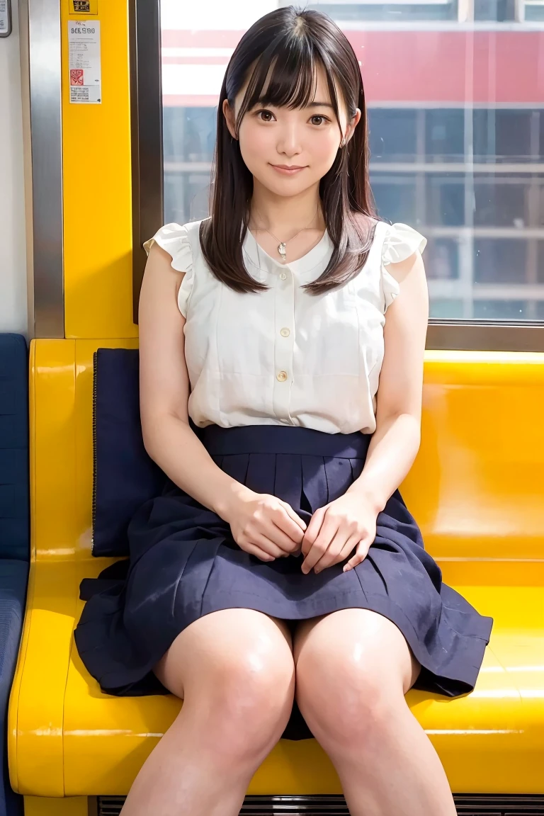 smile,one japanese woman,(masterpiece, Highest quality, 8K, RAW Photos, beautifully、aesthetic:1.2),  Intricate details, indirect lighting, Realistic,
whole body, Sitting on a chair on the train、Staring at the viewers、Voyeur、
 Square neck button-down linen sundress, 
 Training women , Chair to sit under skirt, skirt rift