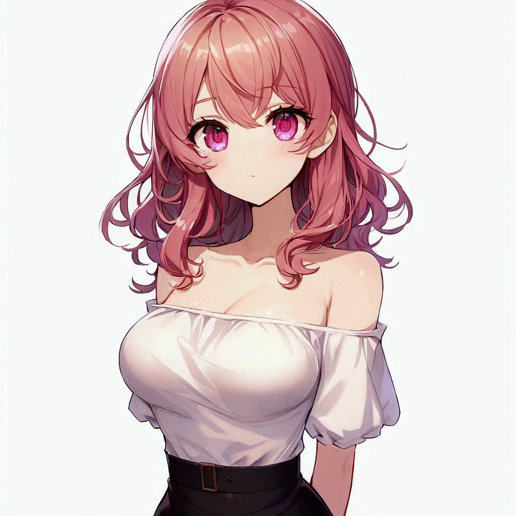 short wavy pink hair, white off-shoulder tops, Black high waist skirt with belt, Standing pose, smooth, white skin, Indoor Settings, soft and even lighting, Romantic atmosphere, Front view, Sharp focus, Well-balanced exposure