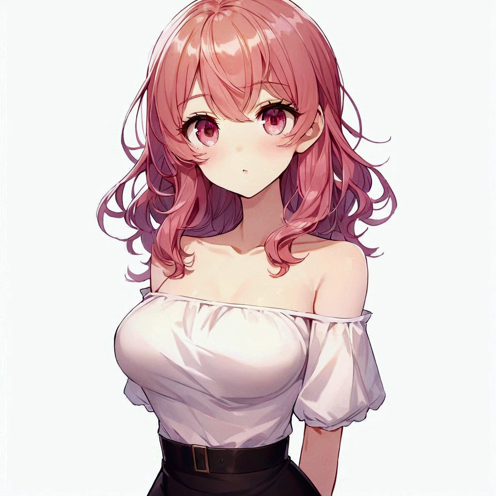 short wavy pink hair, white off-shoulder tops, Black high waist skirt with belt, Standing pose, smooth, white skin, Indoor Settings, soft and even lighting, Romantic atmosphere, Front view, Sharp focus, Well-balanced exposure