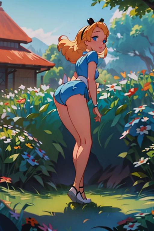 (masterpiece:1.4), (best qualit:1.4), (high resolution:1.4), alice, blue micro bikini, black hairband, pornographic, accurate ??????? ,) ,, NSFW , ((thong,)):1.3 , rear view ,  bent over,alluring, side view, Profile, ?????????? sex, huge penis