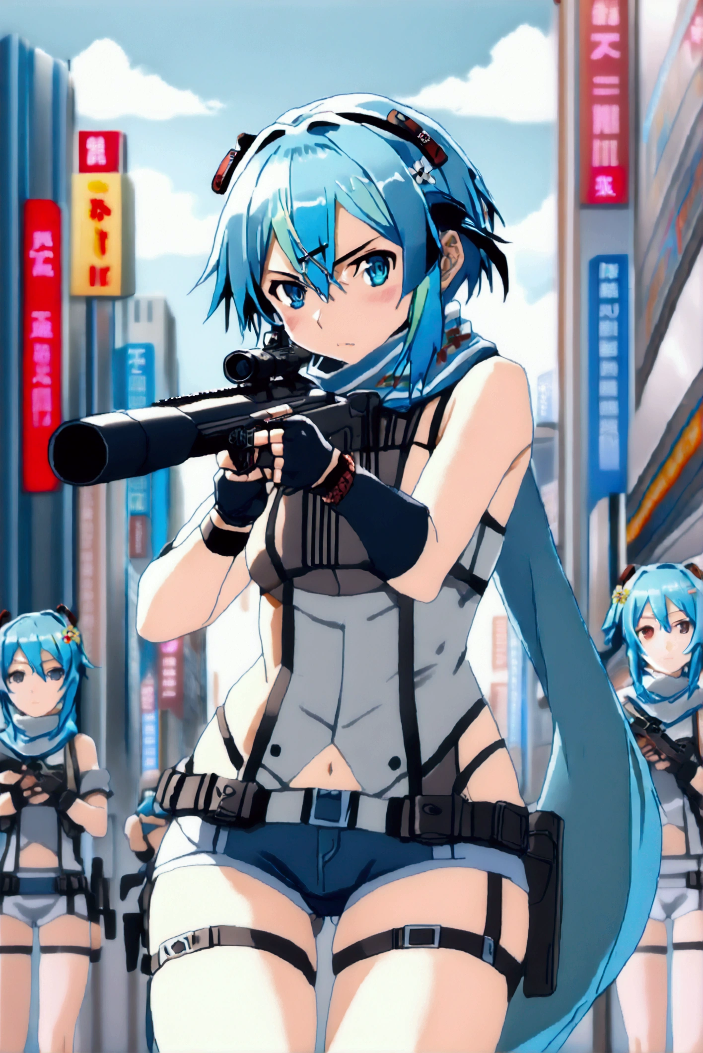 ((((((sinon, anime style, scarf, Fingerless gloves,thin, pale blue hair, hair adornments, hair clips, Thigh strap, Cowboy Shooting, Have a gun, Sniper rifle))))))(((An infinite number of girls with the same face and the same figure))) (((cloned face)))
(((similar identical twins)))(((At the Shibuya crossing, their bodies fill the space against the backdrop of tall buildings and advertisements. In the distance, only her distinctive hair is visible.)))
(((All the girls have the exact same face and nakid))), The girls have the same face and figure, as if they were mirror images.