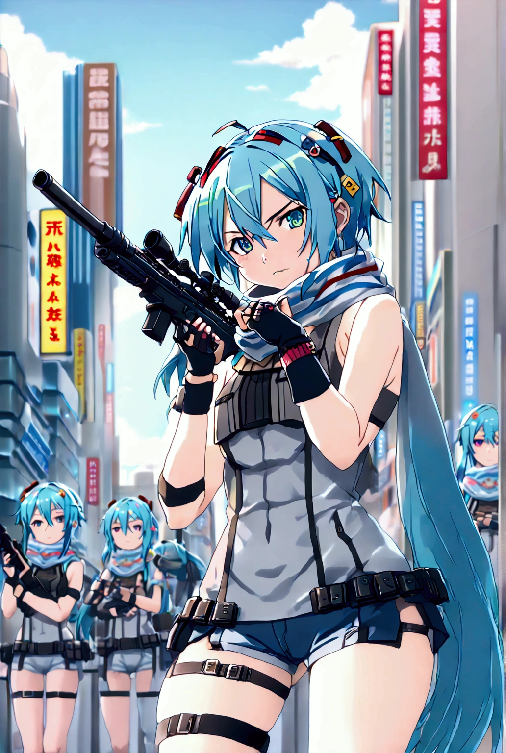 ((((((sinon, anime style, scarf, Fingerless gloves,thin, pale blue hair, hair adornments, hair clips, Thigh strap, Cowboy Shooting, Have a gun, Sniper rifle))))))(((An infinite number of girls with the same face and the same figure))) (((cloned face)))
(((similar identical twins)))(((At the Shibuya crossing, their bodies fill the space against the backdrop of tall buildings and advertisements. In the distance, only her distinctive hair is visible.)))
(((All the girls have the exact same face and nakid))), The girls have the same face and figure, as if they were mirror images.