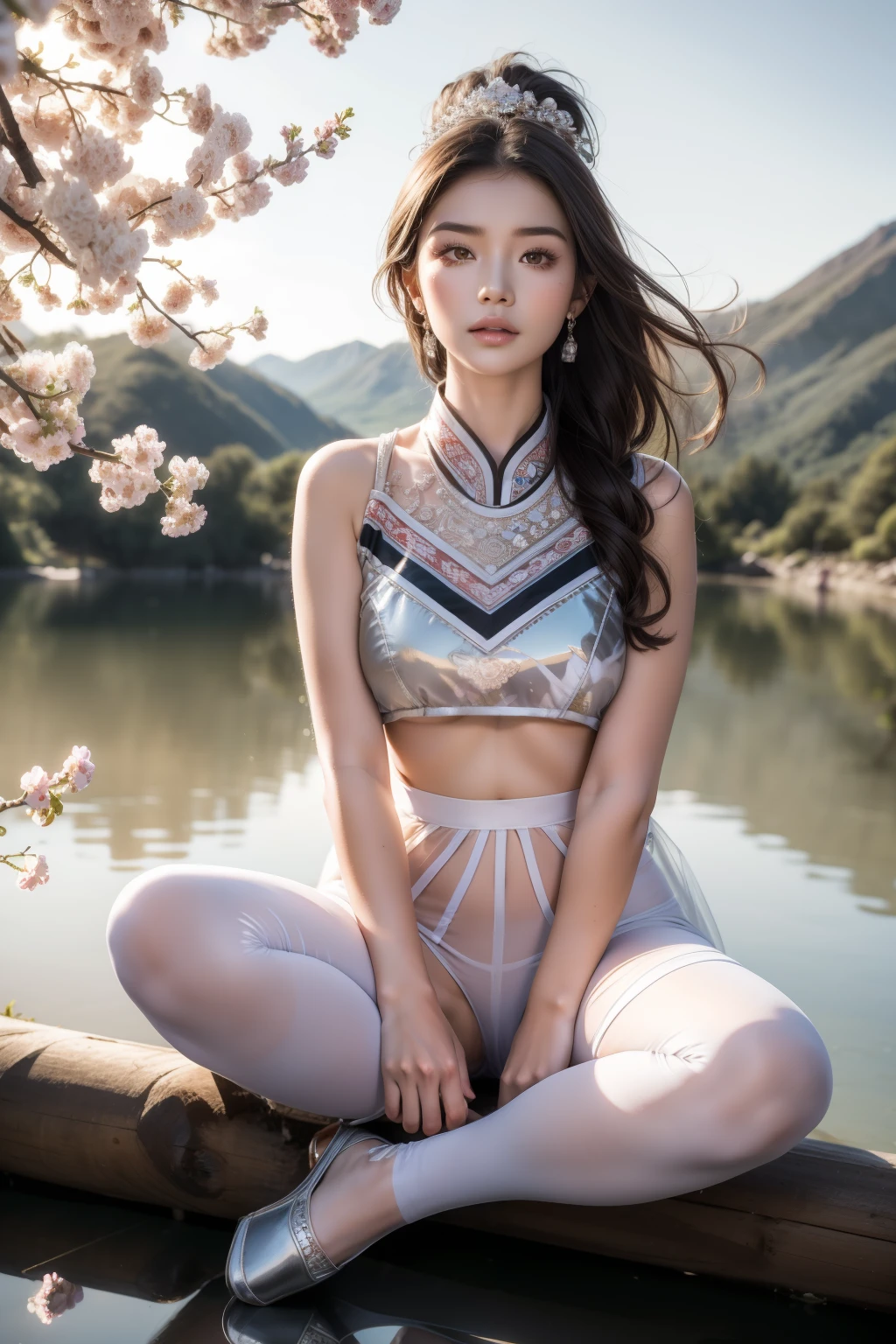 cameltoe，(background：The mountain is full of cherry blossoms，There are mountains and fog)(whole body:1.5)，(1 Hmong girl:1.3),(Viewer:1.4)，(Anatomically correct:1.4),(Completely transparent pantyhose:1.3),(Sitting on the top of a mountain:1.2),(Dressed in southwestern ethnic minority costumes:1.2),,( Pointed toe chunky high heels :1.1),(precise、Perfect face shape:1.3),(Open your legs，Long legs:1.3),Wearing hair accessories of southwestern ethnic minorities，spread, Spread your legs，See cameltoe，Ultra high quality, Light线追踪, reflected Light， Correct structure, The award-winning, High Detail, Lighten the shadow contrast, facial Lighting ，Light, masterpiece, Super Detail, high quality, High Detail, best quality, 16K，High contrast,