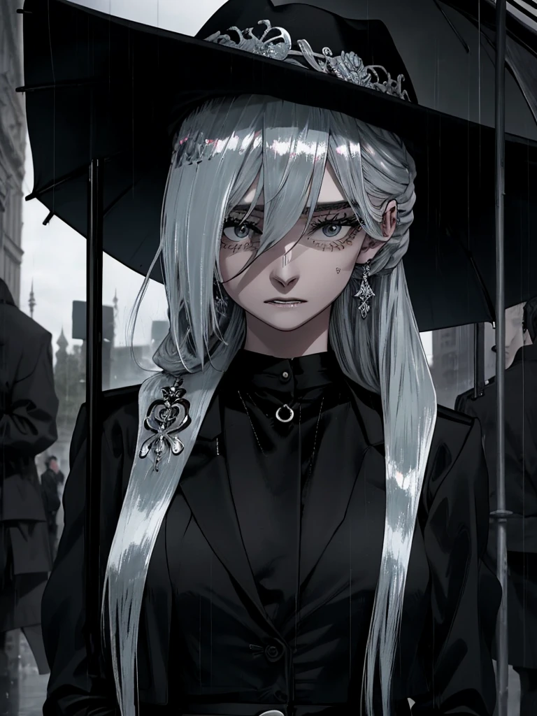 Beautiful silver hair woman is shown to have a sexy figure. She is wearing a  mafia attire , jewelry, holding a black umbrella, Girl standing in a graveyard, sexy session, front facing viewer, cowboy shot, superior quality, many details, realistic, moody face, cloudy rainy day, black mafia hat, wearing black pants