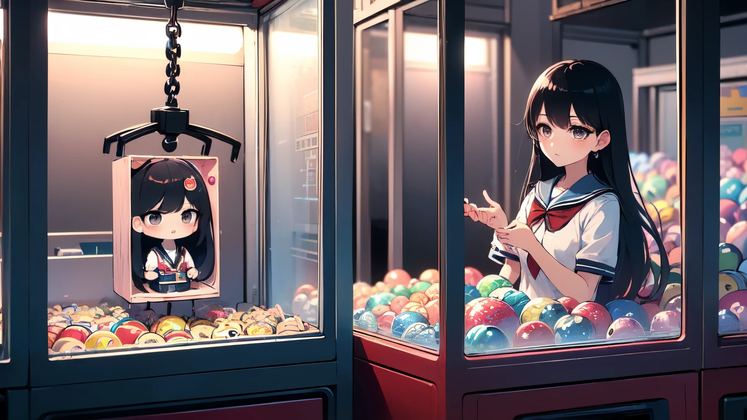 (((masterpiece))), (((Highest quality))), ((Claw Machine)), Place your hand on the bottom panel, Operate the long joystick、Press the button, Use the clamp to lift the toy, One girl, Komi Shoko, shy, blush, school uniform, Claw Machine, Rear View,