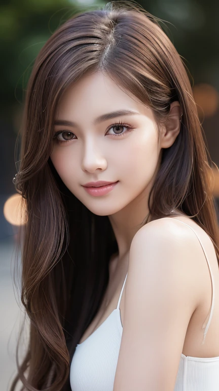 (Best quality), (Ultra-detailed), (Detailed light), (Extremely delicate and beautiful), 1girl in, Brown hair, Brown eyes, (Beautiful :1.5), Breasts, Beity, Extremely detailed CG unified 8K wallpaper, High-definition RAW color photo, professional photoshooting, (((Bokeh))), depth of fields,