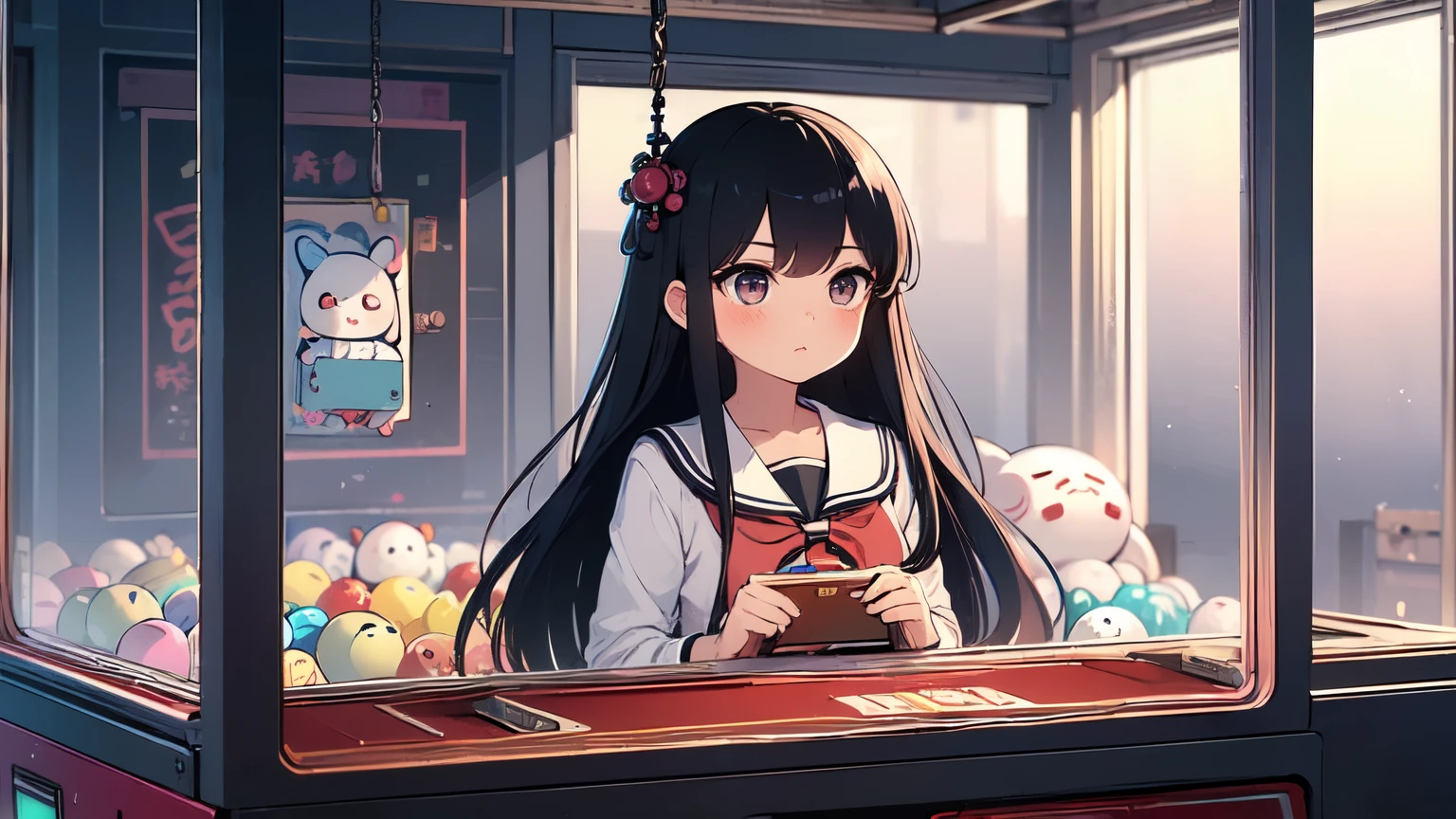 (((masterpiece))), (((Highest quality))), ((Claw Machine)), Place your hand on the bottom panel, Operate the long joystick、Press the button, Use the clamp to lift the toy, One girl, Komi Shoko, shy, blush, school uniform, Claw Machine, Rear View,