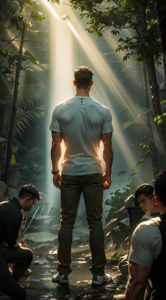 A beam of light shines on the man，Backlight，muscle，strong，A man&#39;s back stands among the crowd，（The four people bowed their heads and knelt on one knee to salute him.：1.5），The background is in the forest，Wearing modern clothes, And soft colors in a circle in the forest. Create a surreal fantasy atmosphere.，momentum，Hot Blood，Marching through the burning forest。Backlight，