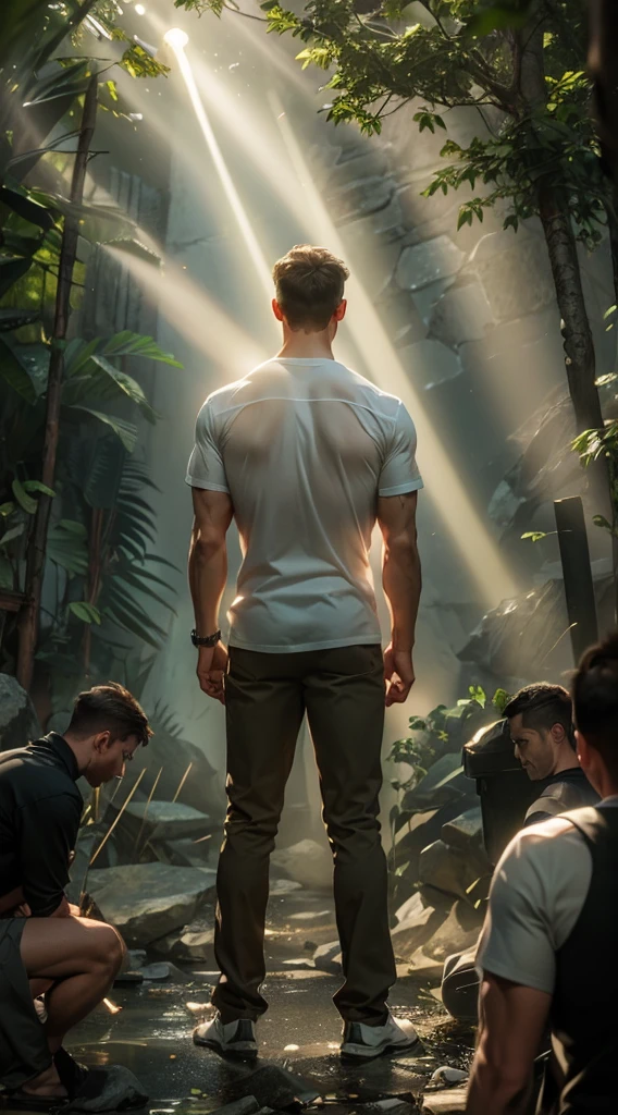 A beam of light shines on the man，Backlight，muscle，strong，A man&#39;s back stands among the crowd，（The four people bowed their heads and knelt on one knee to salute him.：1.5），The background is in the forest，Wearing modern clothes, And soft colors in a circle in the forest. Create a surreal fantasy atmosphere.，momentum，Hot Blood，Marching through the burning forest。Backlight，