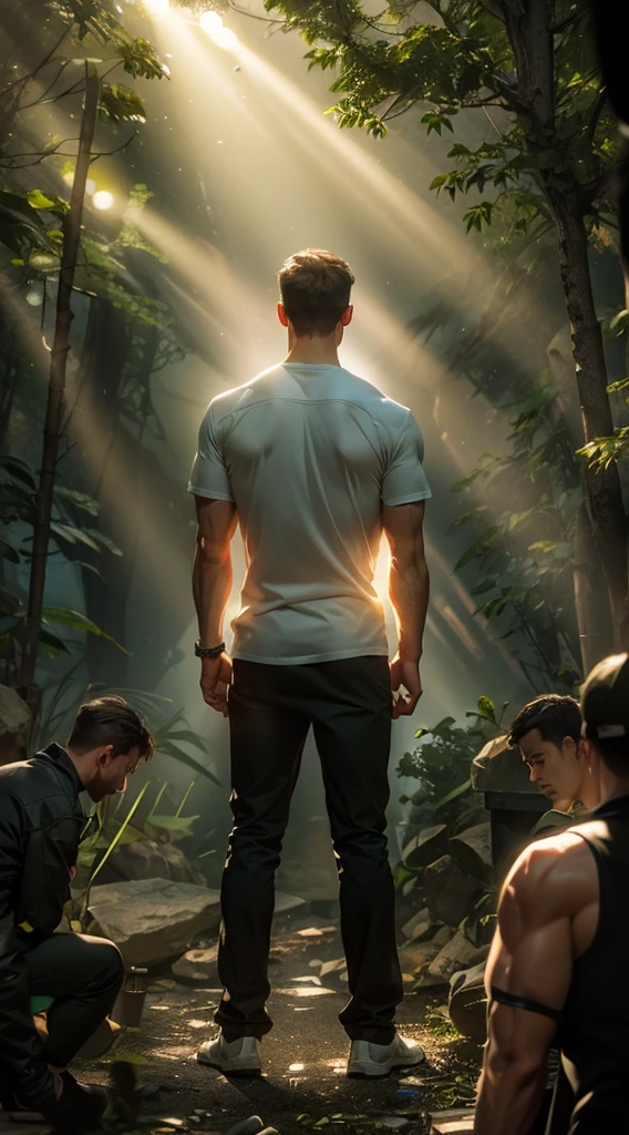 A beam of light shines on the man，Backlight，muscle，strong，A man&#39;s back stands among the crowd，（The four people bowed their heads and knelt on one knee to salute him.：1.5），The background is in the forest，Wearing modern clothes, And soft colors in a circle in the forest. Create a surreal fantasy atmosphere.，momentum，Hot Blood，Marching through the burning forest。Backlight，