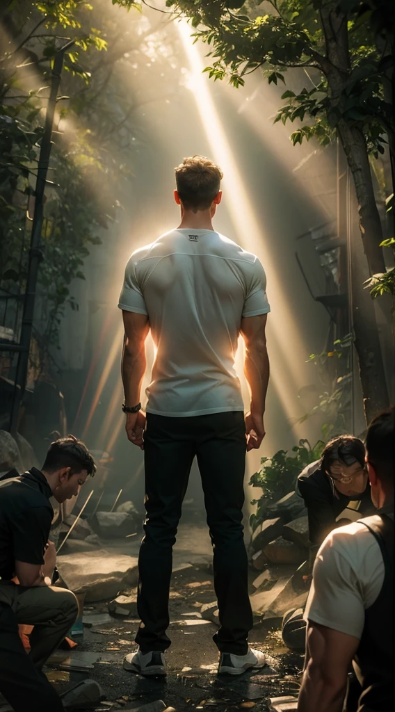 A beam of light shines on the man，Backlight，muscle，strong，A man&#39;s back stands among the crowd，（The four people bowed their heads and knelt on one knee to salute him.：1.5），The background is in the forest，Wearing modern clothes, And soft colors in a circle in the forest. Create a surreal fantasy atmosphere.，momentum，Hot Blood，Marching through the burning forest。Backlight，