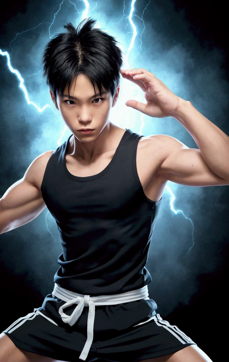 slim legs, Japanese boy, spread legs, slim, teenager, cute boy, slim boy, slender, (more slim body:1.6), glowing ,Japanese young boy in a "Hadouken" pose, facing forward, He is wearing a tank top,  his hands are positioned as if he is about to unleash a powerful energy attack. The background is simple and focuses on the boy's intense stance