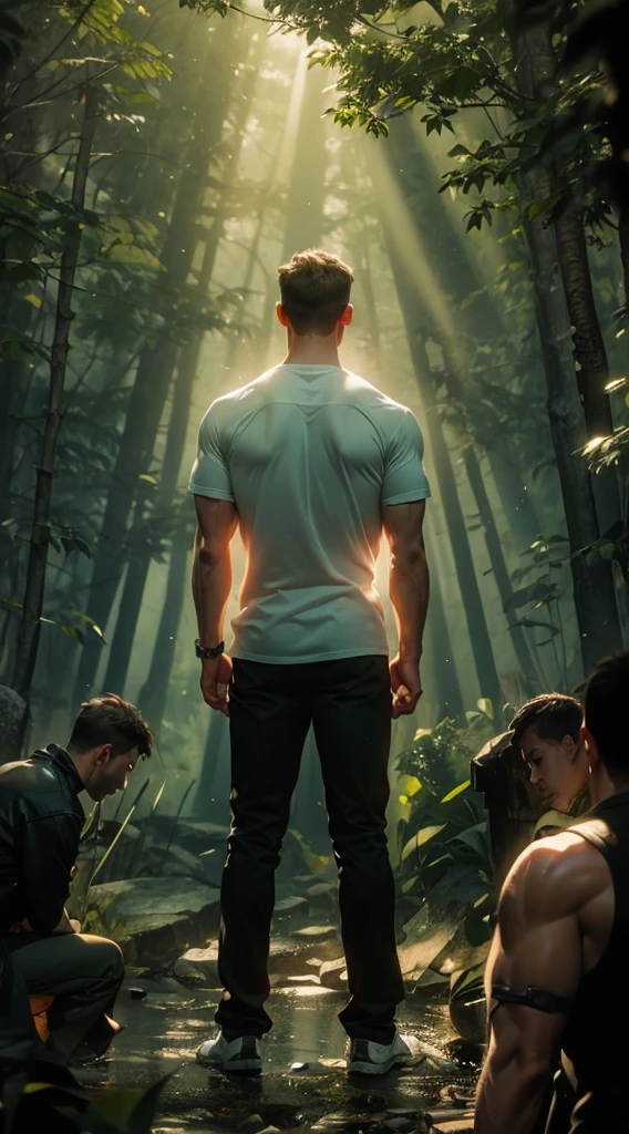 Backlight，muscle，strong，A man&#39;s back stands among the crowd，（The four people bowed their heads and knelt on one knee to salute him.：1.5），The background is in the forest，Wearing modern clothes, And soft colors in a circle in the forest. Create a surreal fantasy atmosphere.，momentum，Hot Blood，Marching through the burning forest。Backlight，