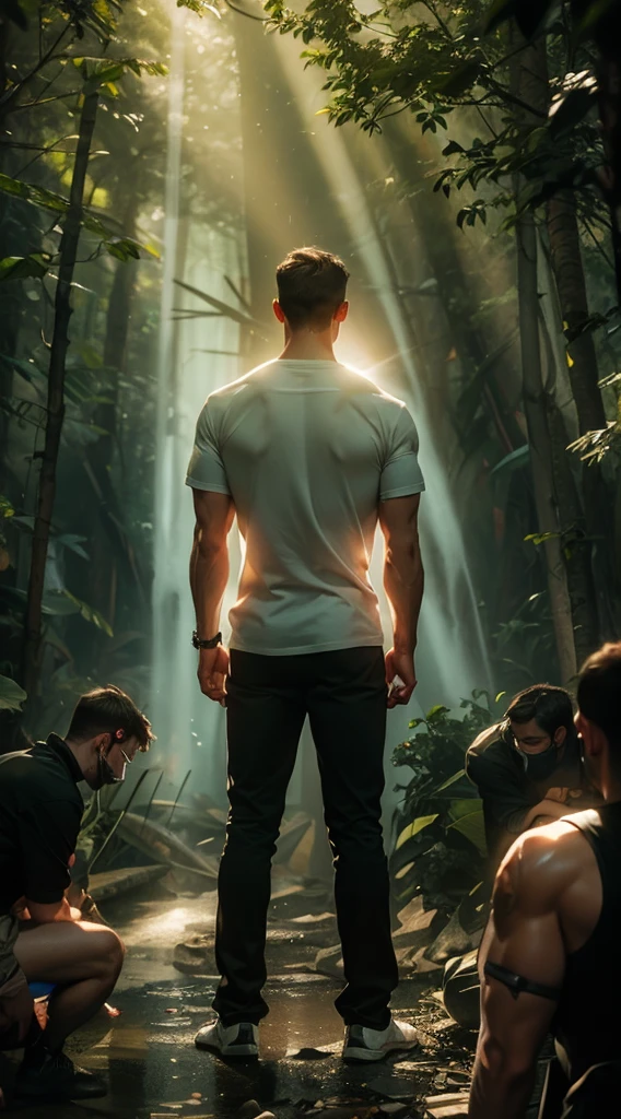 Backlight，muscle，strong，A man&#39;s back stands among the crowd，（The four people bowed their heads and knelt on one knee to salute him.：1.5），The background is in the forest，Wearing modern clothes, And soft colors in a circle in the forest. Create a surreal fantasy atmosphere.，momentum，Hot Blood，Marching through the burning forest。Backlight，