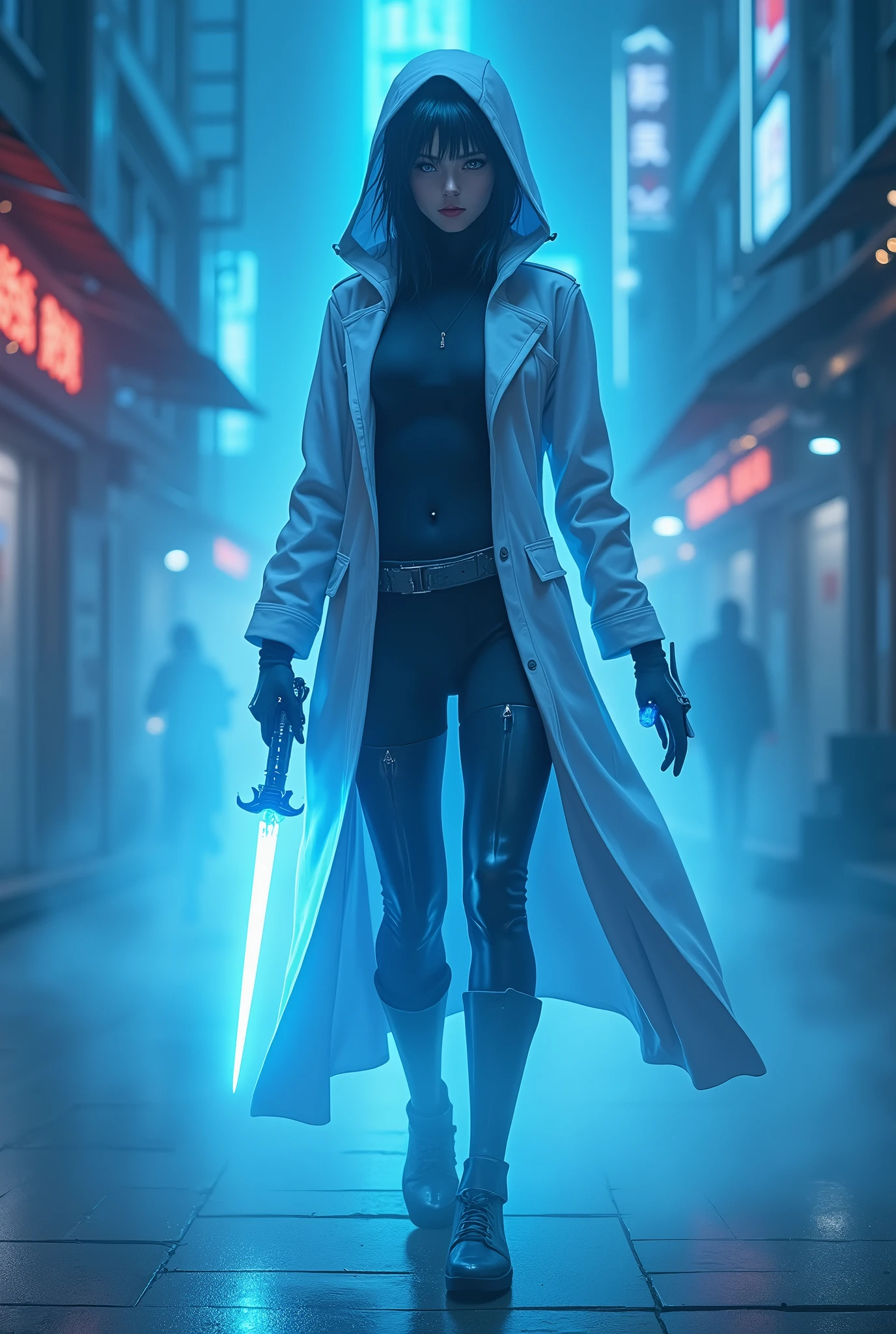 An award-winning anime masterpiece of visual delight, featuring a futuristic female assassin in a neon-lit urban landscape. Her body is nearly invisible, blending into the misty, blue-toned environment, with only a ghostly silhouette revealed by the Tyndall effect. Faint, electric glows pulse along the contours of her high-tech suit, adding energy and mystique to her presence. In her hand, she wields a futuristic glowing dagger, its blade emitting a soft, eerie light that contrasts with her near-invisible form. The advanced light-bending technology distorts the air around her, with brief glimpses of her figure highlighted by the interplay of light and shadow. The composition perfectly captures the blend of stealth, cutting-edge technology, and anime artistry in a visually stunning, ethereal scene.