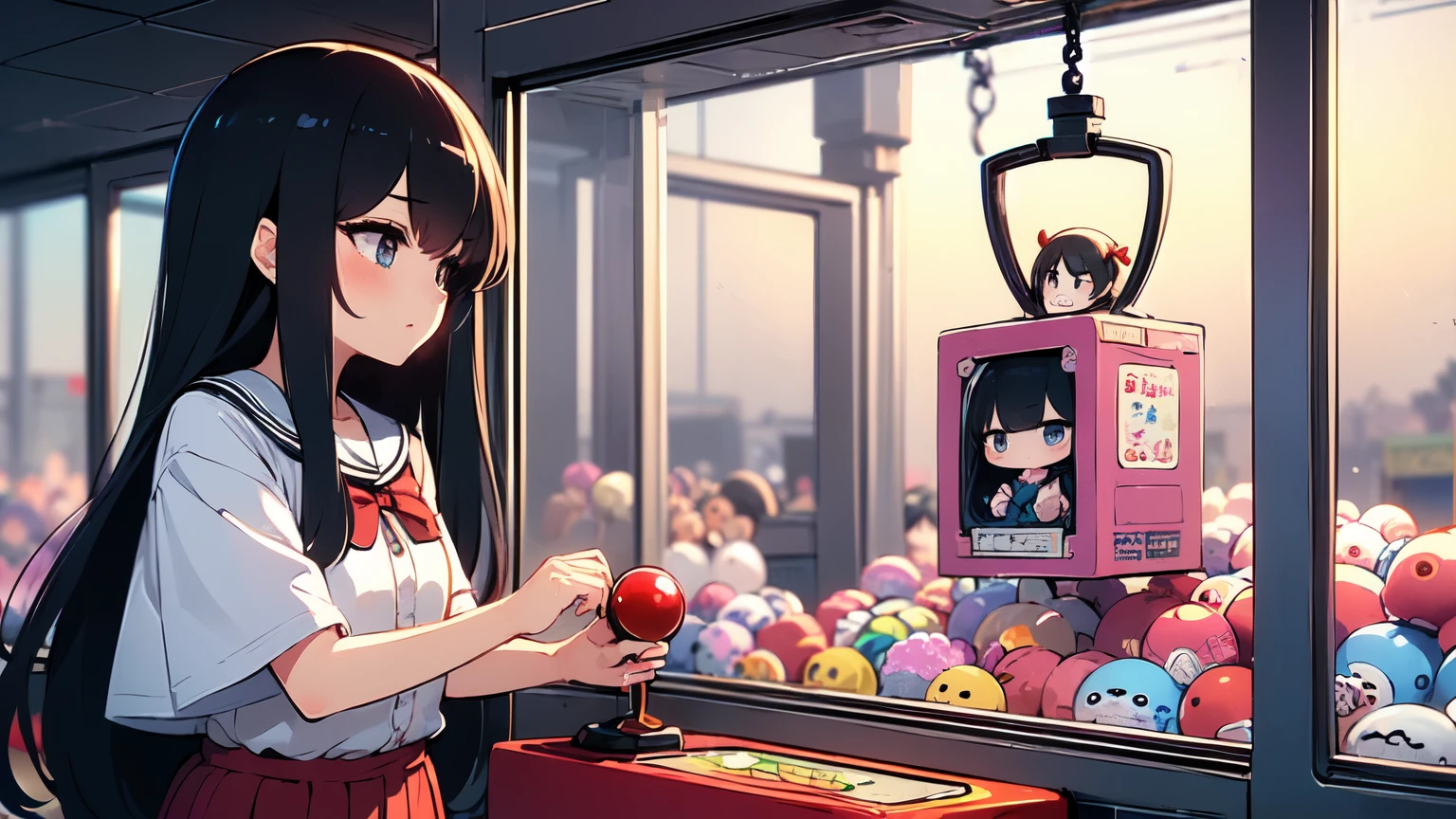 (((masterpiece))), (((Highest quality))), ((Claw Machine)), Place your hand on the bottom panel, Operate the long joystick、Press the button, Use the clamp to lift the toy, One girl, Komi Shoko, shy, blush, school uniform, Claw Machine, Rear View,