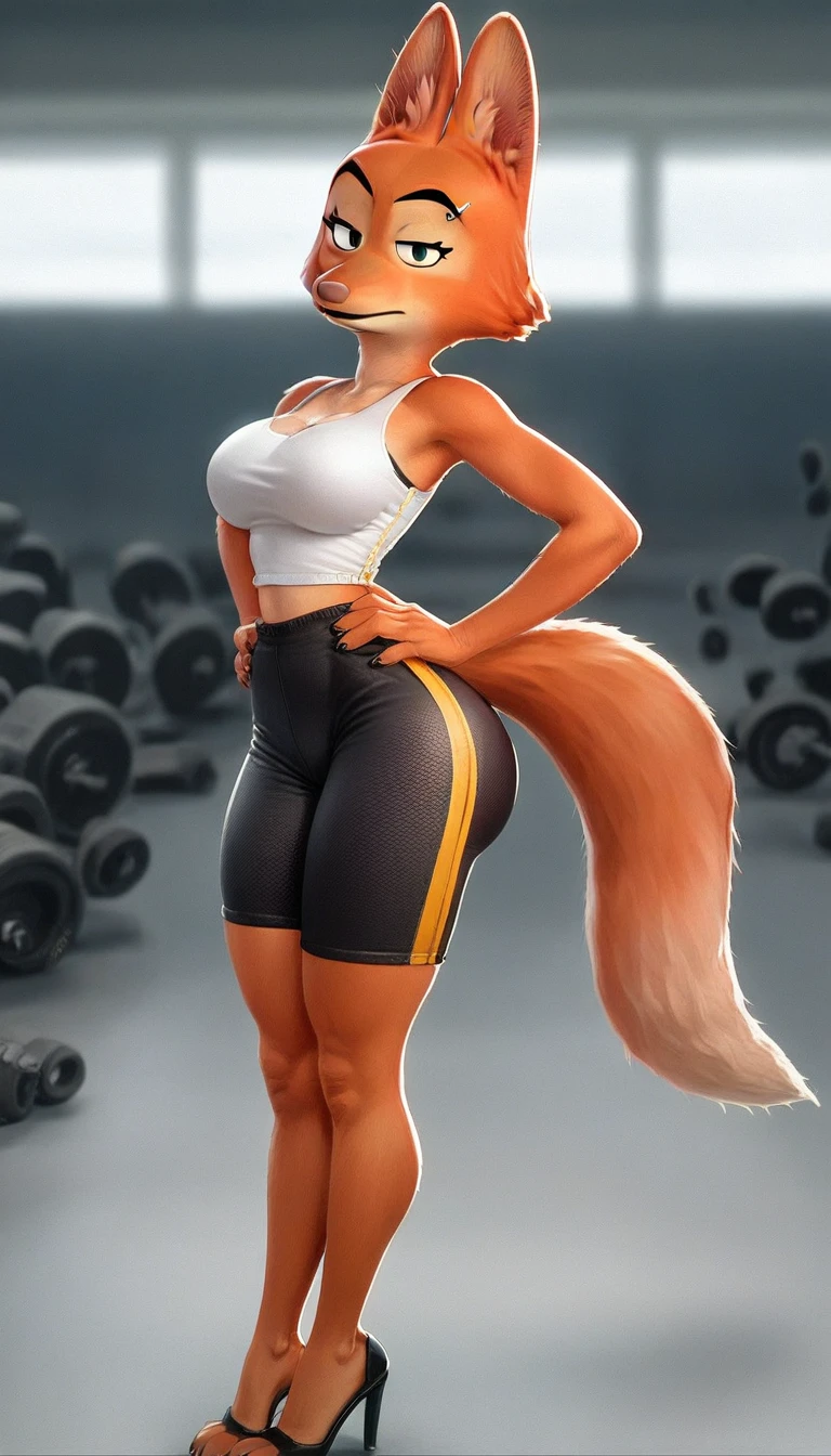 score_9, score_8_up, score_7_up, score_6_up, score_5_up, score_4_up, source_furry, realistic, photorealistic, e621, mature female anthro husky dog, MILF, posing in a gym, looking at viewer, seductive, beautiful detailed eyes, (wearing a sports bra and yoga pants), nipple outline, detailed fur, voluptuous, hourglass figure, large breasts, sweating, thick thighs, cinematic lighting, professional lighting
