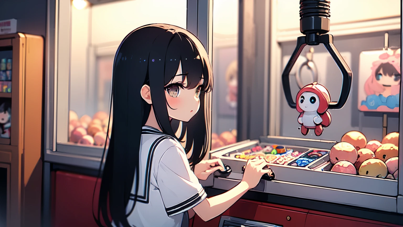 (((masterpiece))), (((Highest quality))), ((Claw Machine)), Place your hand on the bottom panel, Operate the long joystick、Press the button, Use the clamp to lift the toy, One girl, Komi Shoko, shy, blush, school uniform, Claw Machine, Rear View,