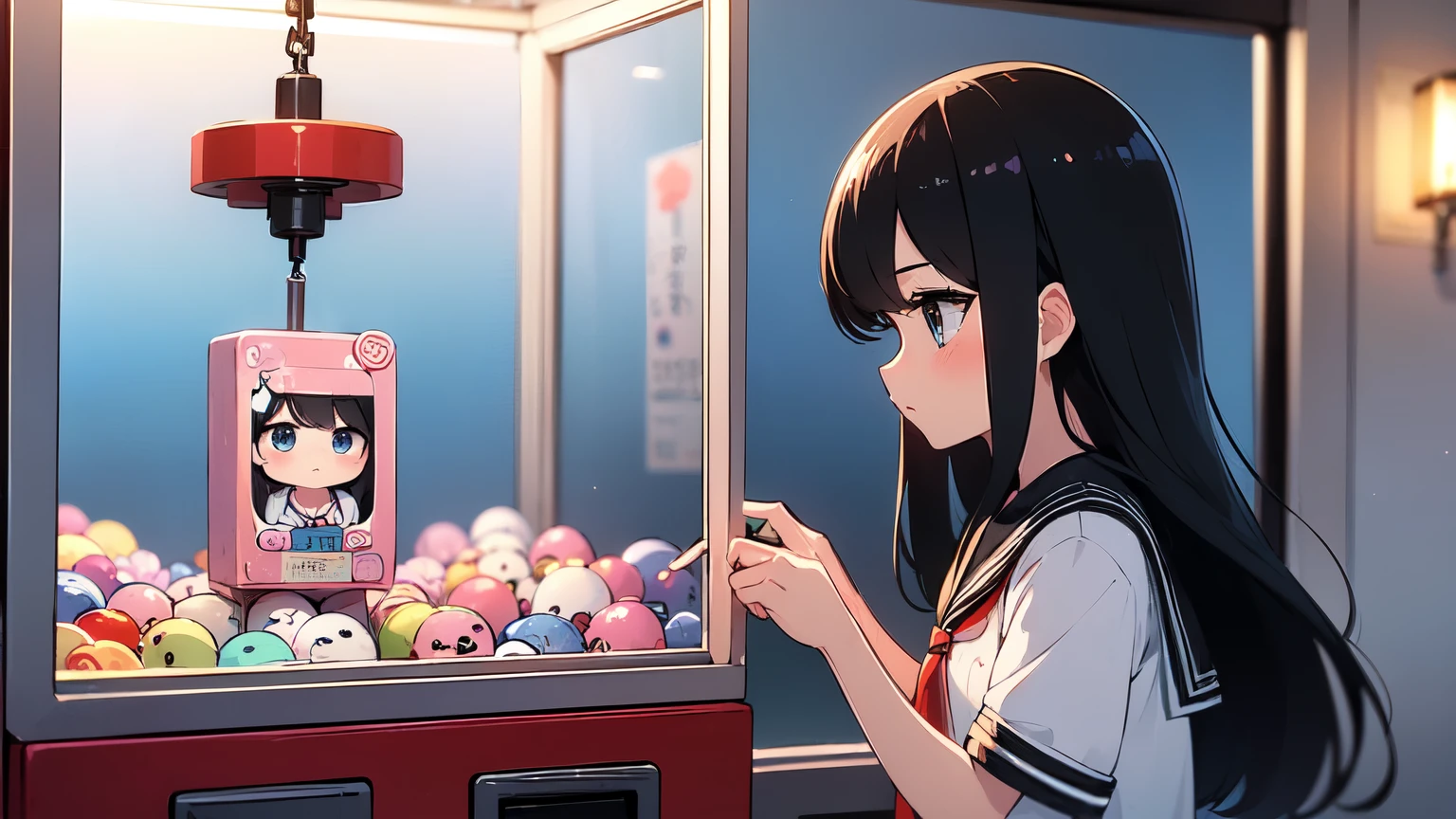 (((masterpiece))), (((Highest quality))), ((Claw Machine)), Place your hand on the bottom panel, Operate the long joystick、Press the button, Use the clamp to lift the toy, One girl, Komi Shoko, shy, blush, school uniform, Claw Machine, Rear View,