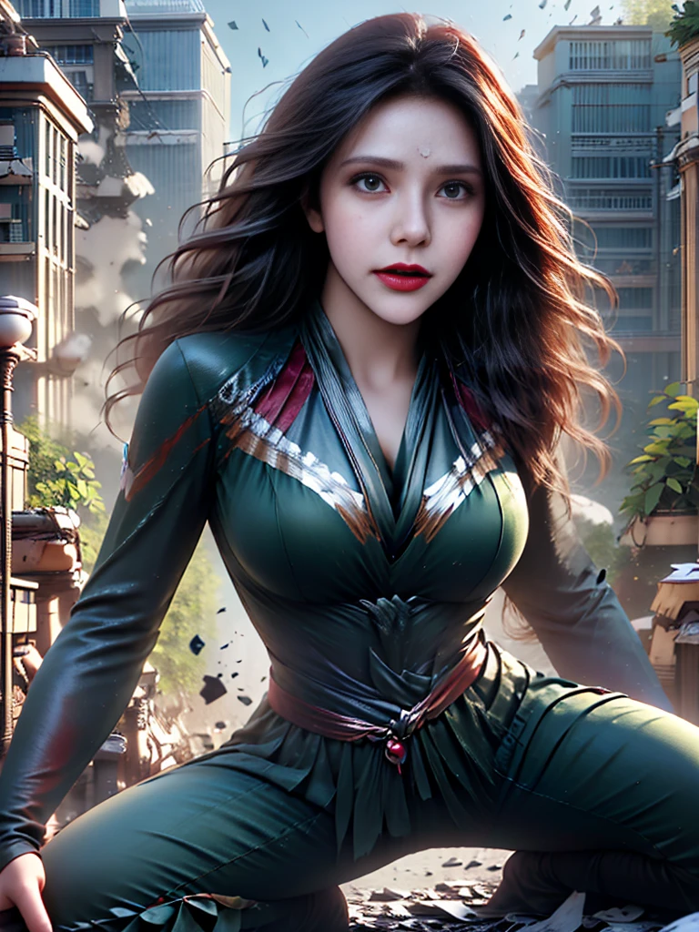 a girl wearing a red and black costume with a hood, ((scarlet witch)), avengers, fighting, detailed face, beautiful detailed eyes, beautiful detailed lips, extremely detailed eyes and face, long eyelashes, cinematic lighting, dramatic poses, action scene, colorful magic effects, photorealistic, 8k, best quality, hyper detailed, masterpiece　(assassin)　((Full body images))　She is crying and screaming　squatting with legs spread wide　blond