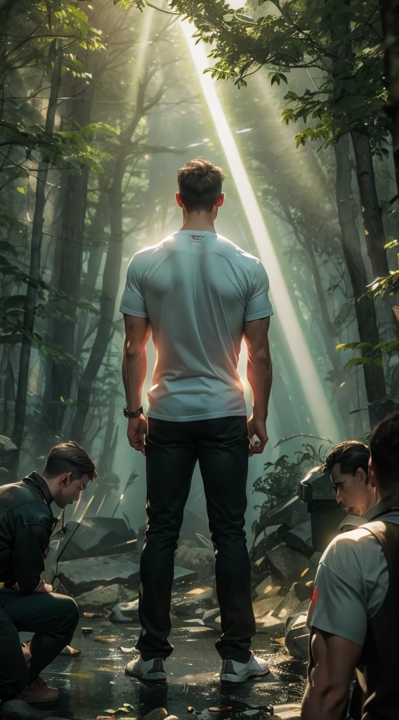 A beam of light shines on the man，muscle，strong，A man&#39;s back stands among the crowd，（The four people bowed their heads and knelt on one knee to salute him.：1.5），The background is in the forest，Wearing modern clothes, And soft colors in a circle in the forest. Create a surreal fantasy atmosphere.，momentum，Hot Blood，Marching through the burning forest。