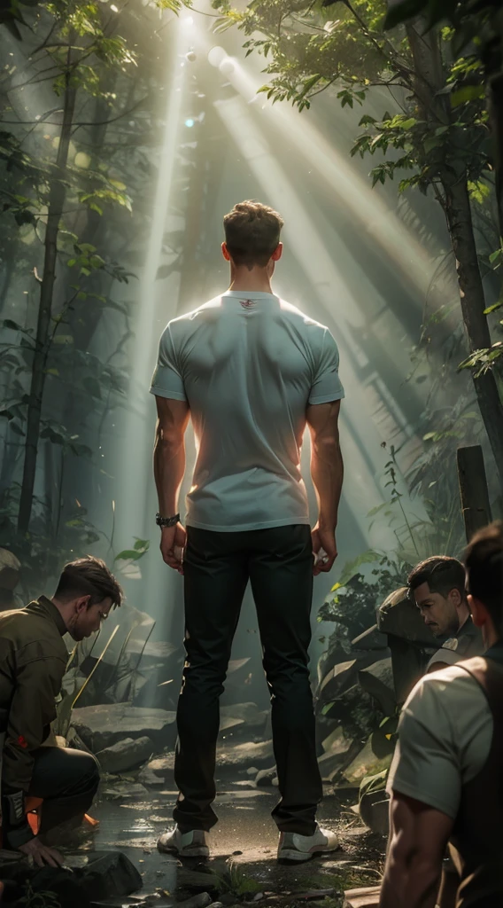 A beam of light shines on the man，muscle，strong，A man&#39;s back stands among the crowd，（The four people bowed their heads and knelt on one knee to salute him.：1.5），The background is in the forest，Wearing modern clothes, And soft colors in a circle in the forest. Create a surreal fantasy atmosphere.，momentum，Hot Blood，Marching through the burning forest。