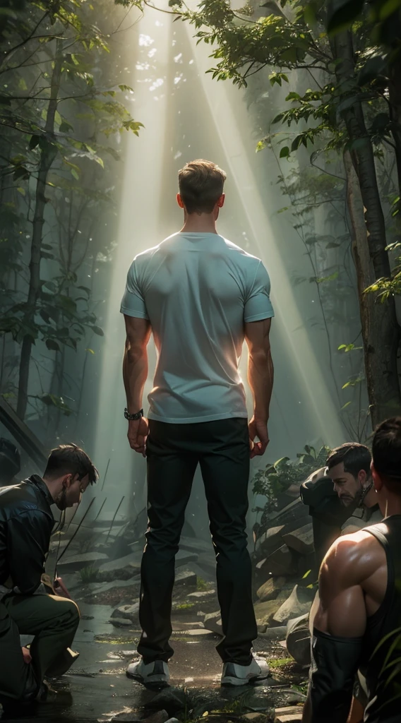 A beam of light shines on the man，muscle，strong，A man&#39;s back stands among the crowd，（The four people bowed their heads and knelt on one knee to salute him.：1.5），The background is in the forest，Wearing modern clothes, And soft colors in a circle in the forest. Create a surreal fantasy atmosphere.，momentum，Hot Blood，Marching through the burning forest。