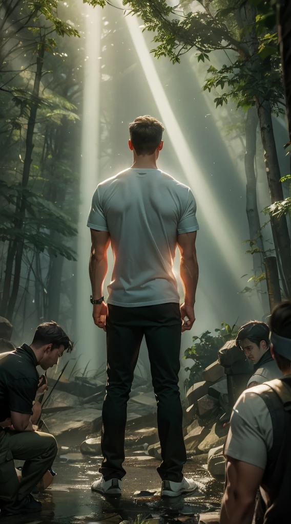 A beam of light shines on the man，muscle，strong，A man&#39;s back stands among the crowd，（The four people bowed their heads and knelt on one knee to salute him.：1.5），The background is in the forest，Wearing modern clothes, And soft colors in a circle in the forest. Create a surreal fantasy atmosphere.，momentum，Hot Blood，Marching through the burning forest。