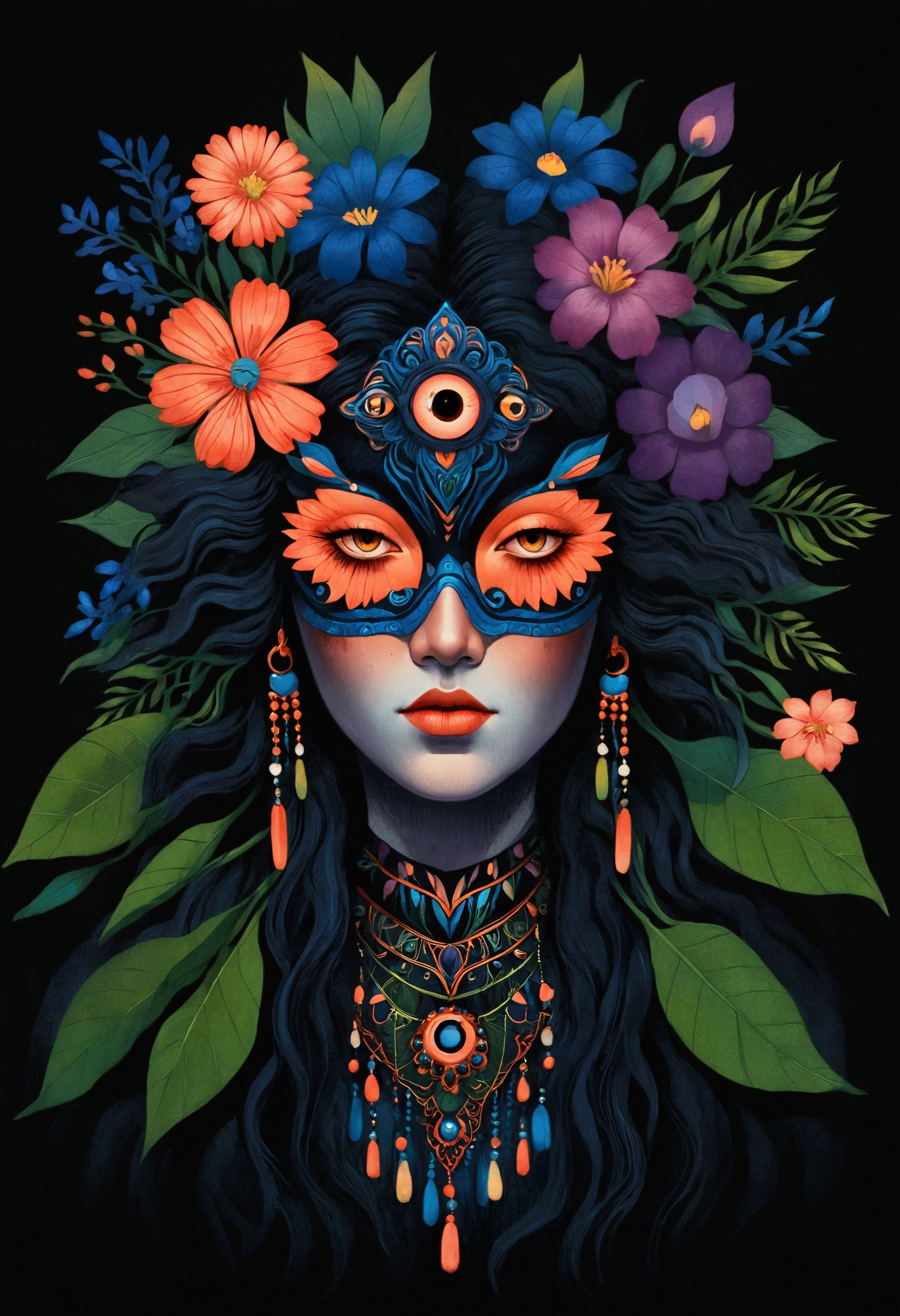 painting of a woman with a flower bouquet in her hair, art deco flower shaman, flowers covering eyes, dark flower shaman, flower shaman, digital art illustration, surreal waiizi flowers, 中 国 鬼 节, intricate artwork. neon eyes, 中 元 节, digital illustration, jen bartel, procreate illustration