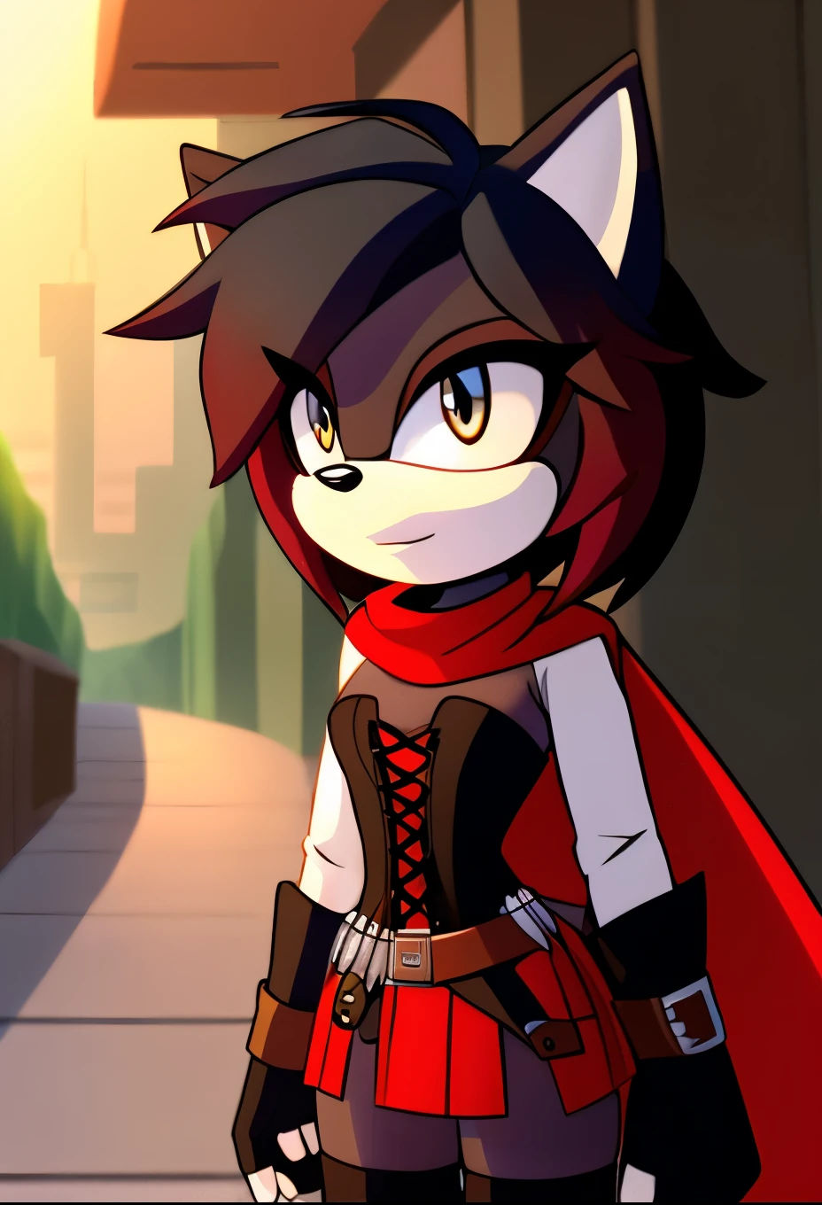 female, Female hedgehog, (Mobian Hedgehog) ((Ruby Rose as a Mobian Hedgehog)), Black fur, hedgehog ears, ((shoulder-length hair)), black hair with red tips, gradient hair, silver eyes, ((valley background)), medium breasts, light tan muzzle, light tan inner ears, atlasrose, black hair, gradient hair, grey eyes, red cape, white shirt, pantyhose, belt, red skirt, corset, thigh boots, fingerless gloves, wolf tail, daytime, (mobian), Mobius city
